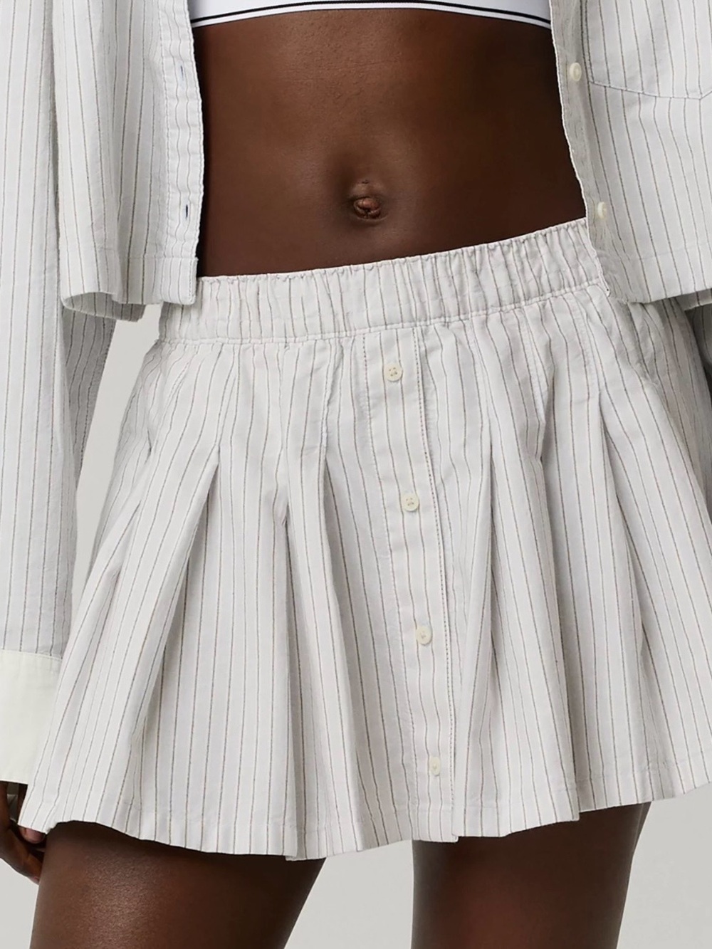 aerie White and Gray Striped Button-Front Skater Mini Skirt